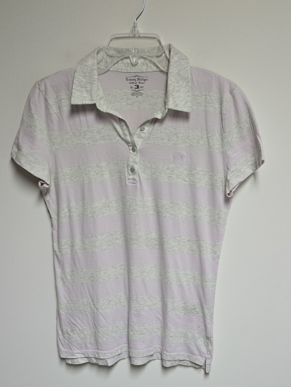 Tommy Hilfiger Lavender and Light Gray Striped Polo Shirt